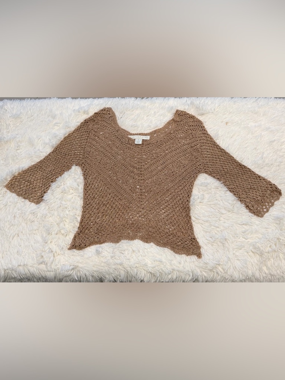 Bettie Page Tan Crochet V-Neck Open Knit Sweater